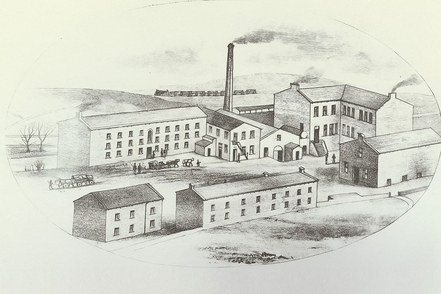An old drawing of the Oil Mill in Thurlstone which has now become Hoyle Mill.